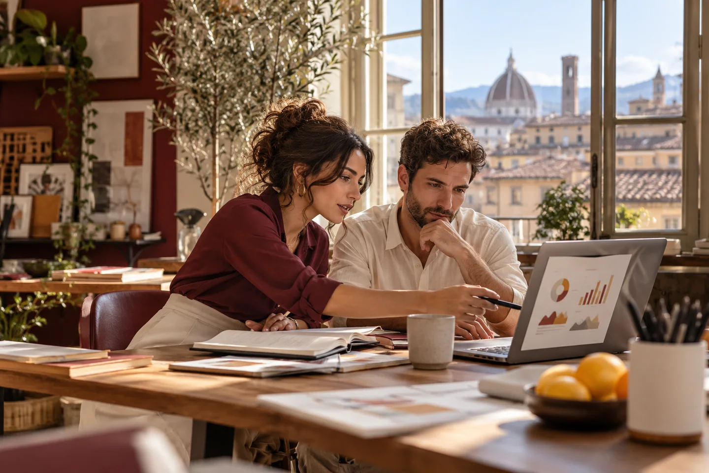 Due professionisti confrontano grafici in uno studio di lavoro italiano
