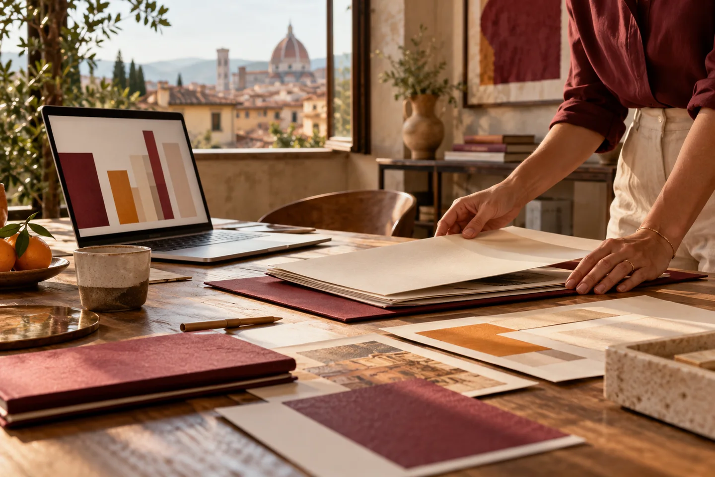 Materiali di un portfolio ordinati accanto a un portatile